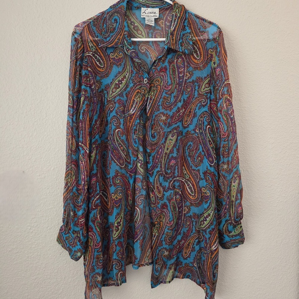 Linea by Louis Dell'Olio Tunic Blouse Women's Large Blue 100% Silk Paisley Top